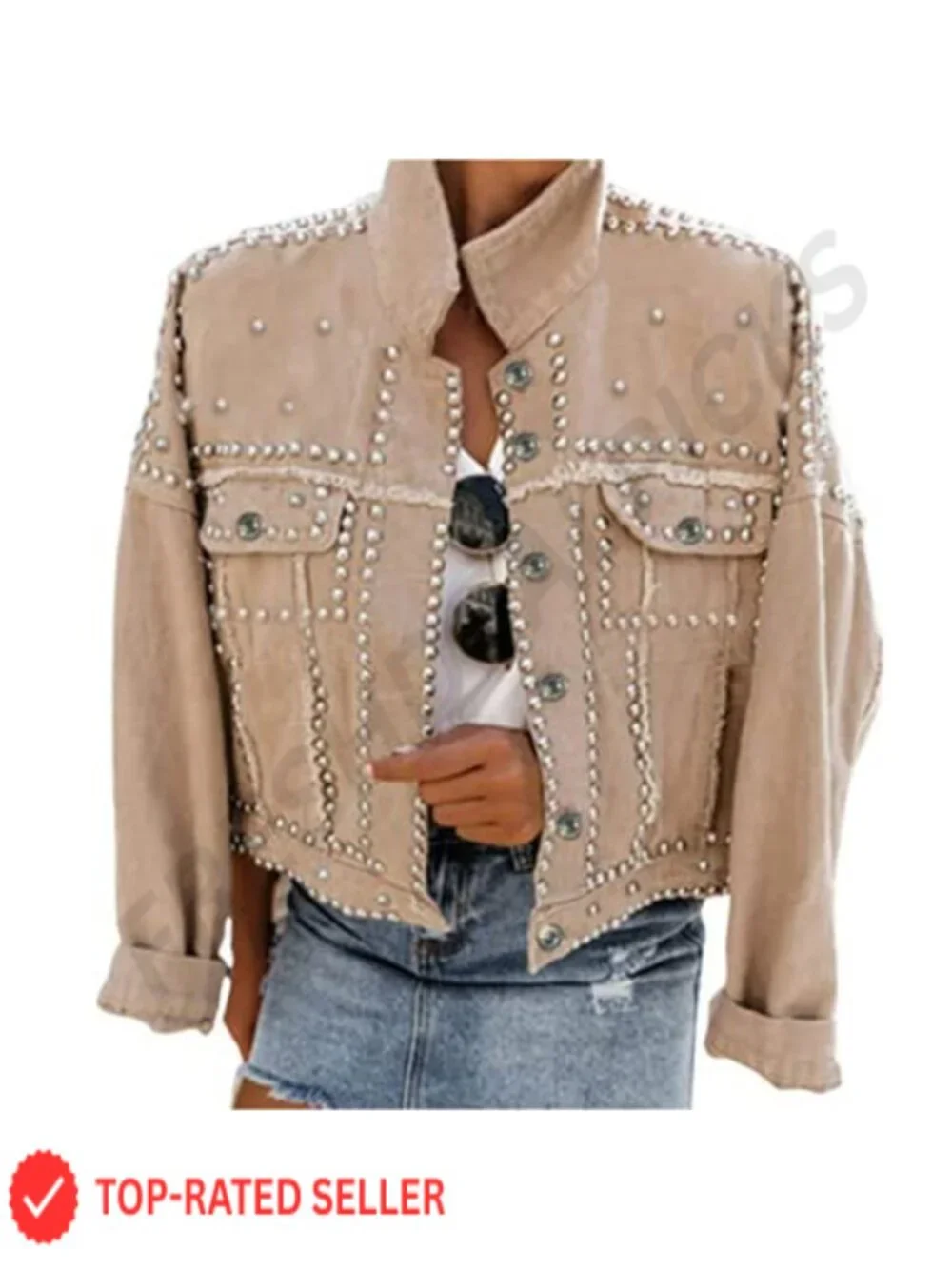 White Cropped Denim Jacket Women Western Distressed Washed Jean Coat Button
